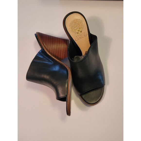 Vince Camuto Black Leather Platform Slide Wedge Wood Heel Sandals, Sz 7 Dormina - Picture 5 of 15